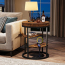 Axyaa Round End Table with 3 Storage Shelves, Industrial Wood Side Table