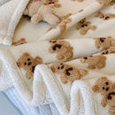 Axyaa Double-Layered Teddy Bear Plush Throw Blanket White with Brown Bear Pattern