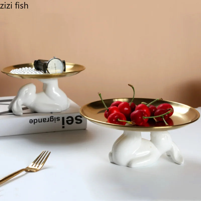 Axya Rabbit Cake Plate Ceramic Metal Jewelry Tray Snack Dessert Refreshment Tray