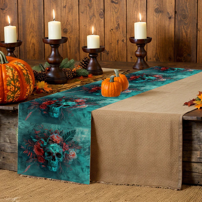 Skull Flower Table Runner: Rustic Axyaa Decor for Dining, Wedding, Party