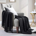Cozy Knit Throw Blanket with Tassel, Black Lightweight Decorative Blanket for Couch and Bed by Axyaa