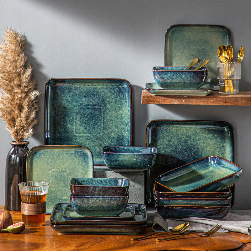 Axya Stern Green Square Dinner Set | 16-Piece Ceramic Tableware Set