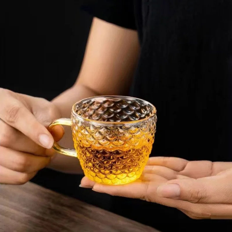 Axyaa 100ml Glass Fish Scale Teacup Set Transparent Handle Kung Fu Small Cup