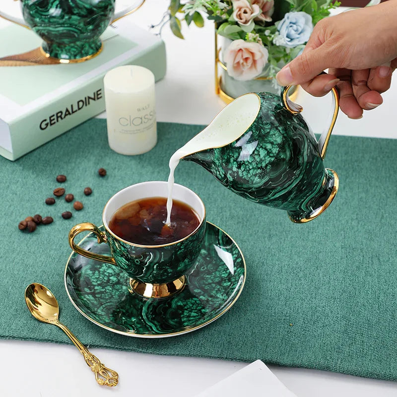Axya Green Gold Inlay Bone Tea Set - 7 Piece Coffeeware Collection