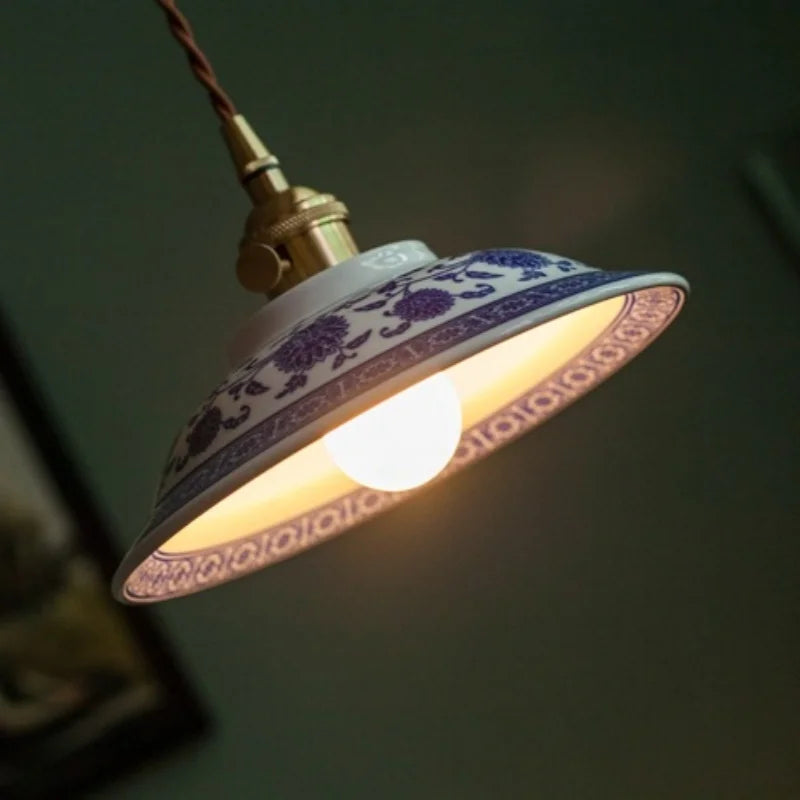 Axyaa White Blue Pattern Ceramic LED Pendant Lights - Japanese Style