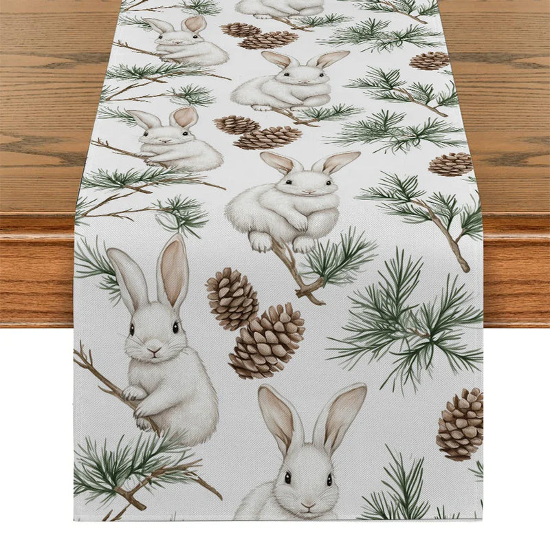 Axyaa Christmas Rabbit Pine Cone Fir Table Runner for Festive Dining Decor