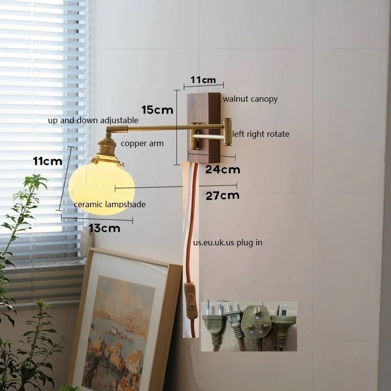 Axyaa Walnut Canopy Copper LED Wall Lamp with Long Arm Rotation