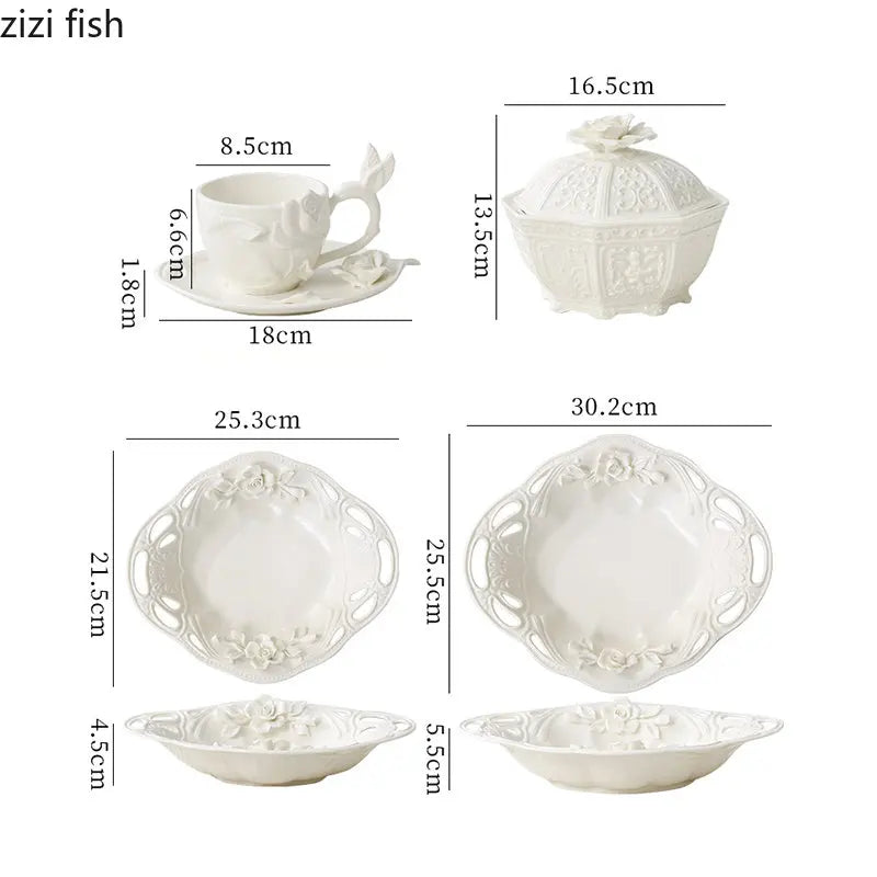 Axya Rose Relief Ceramic Tea Set with Milk Cup and Dinner Plate