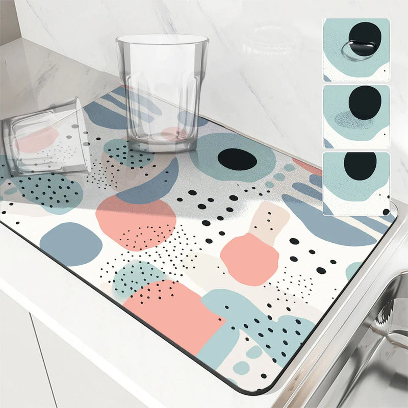 Geometric Color Block Non-Slip Absorbent Mat by Axyaa: Kitchen Counter Drain Mat