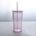 Axyaa Glass Cup with Lid & Straw, Transparent Stripe Mug for Milk Coffee Juice Tea