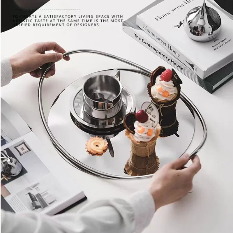 Axya Oval Stainless Steel Tray with Handle, Aromatherapy Mirror Cosmetic Storage