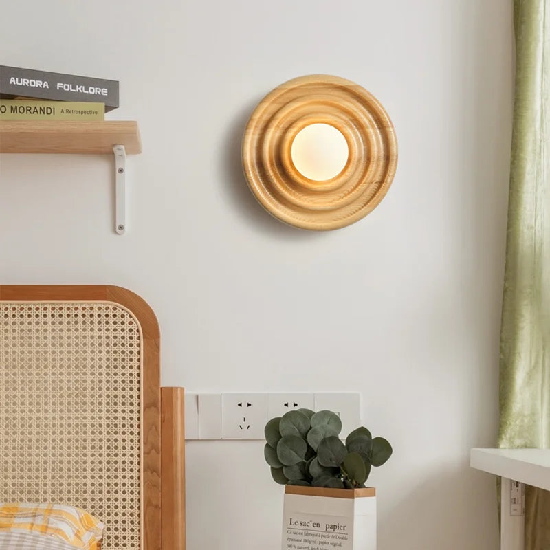 Axyaa Round Ash Wood Wall Lamp LED Light for Living Room Decor