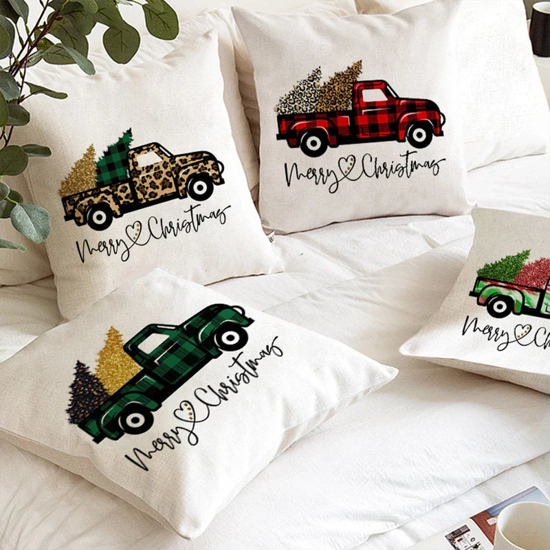 Axyaa Christmas Pickup Trucks Linen Cushion Covers 45x45 for Modern Home Decor