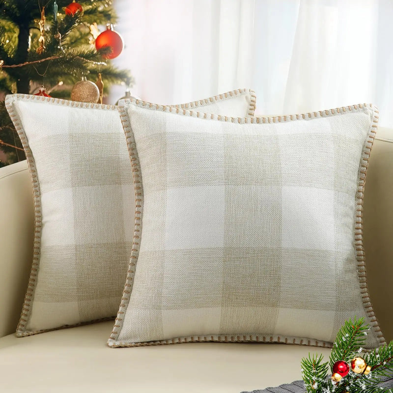 Axyaa Plush Check Throw Pillow Covers Set of 2 Cream White
