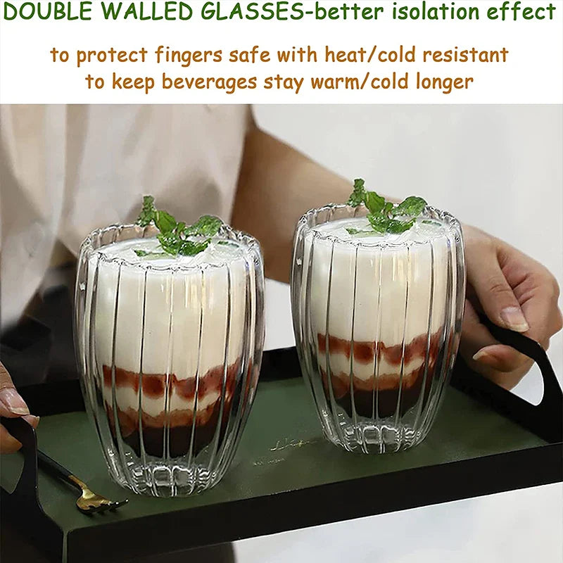Axya Striped Double Wall Glass Mug for Coffee Tea Espresso Wine.