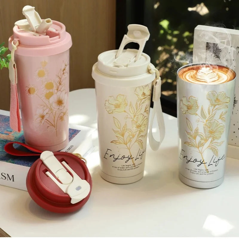Axyaa 500ml Stainless Steel Vacuum Insulated Coffee Cup Straw Mug