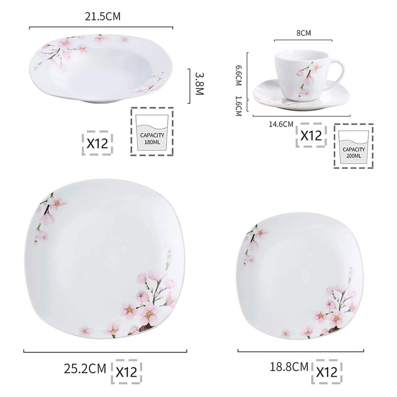 Axya Pink Floral Porcelain Plate Set for 12 - 60 Piece
