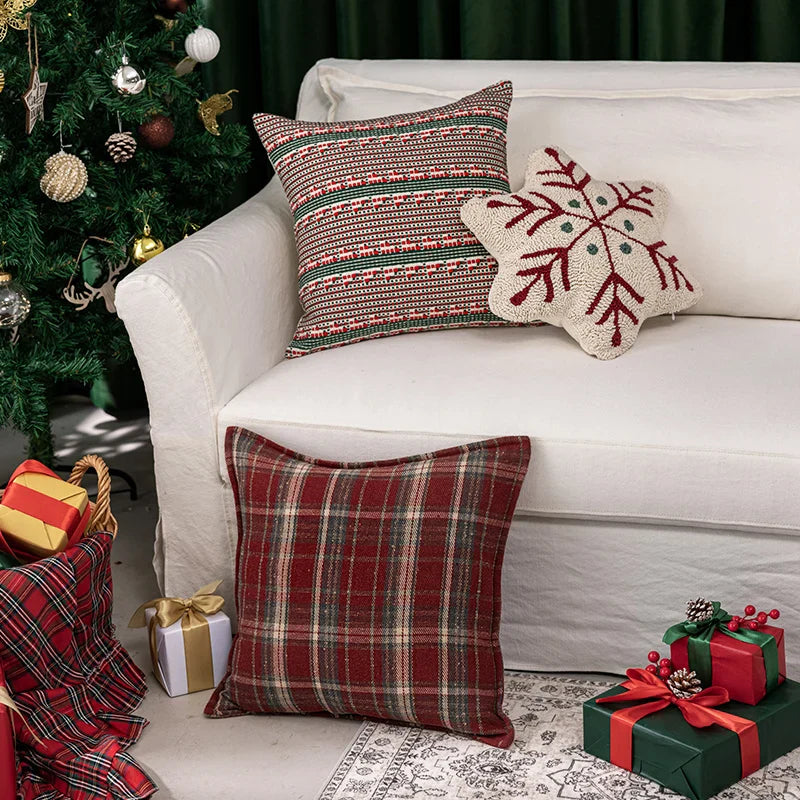 Axyaa Christmas Snowflakes Red Checked Tree Pillow Cover Home Decoration
