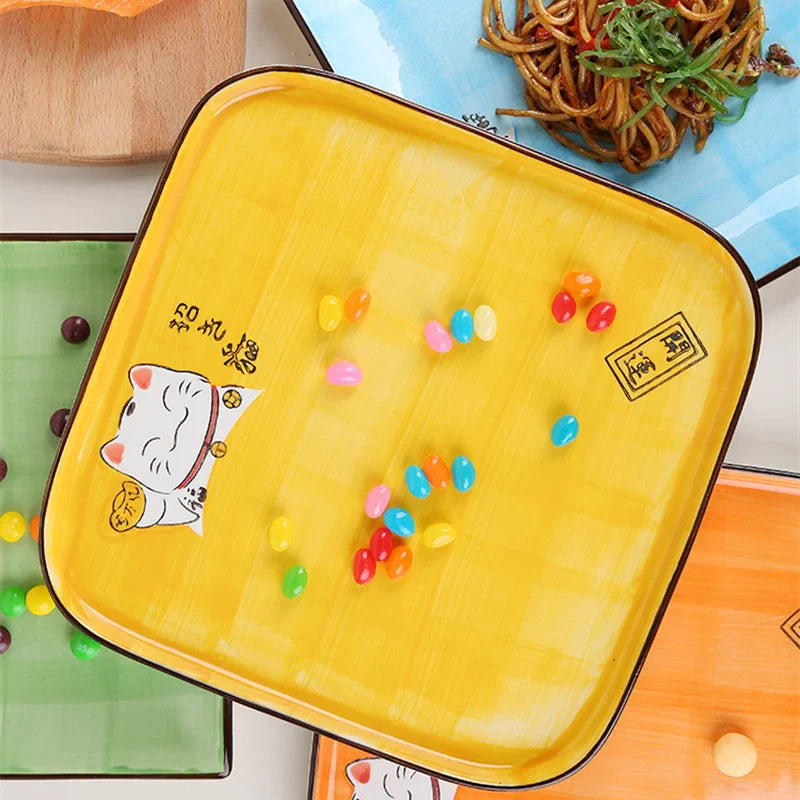 Axya Lucky Cat Ceramic Square Plate - 10.5-inch Western Food Dish