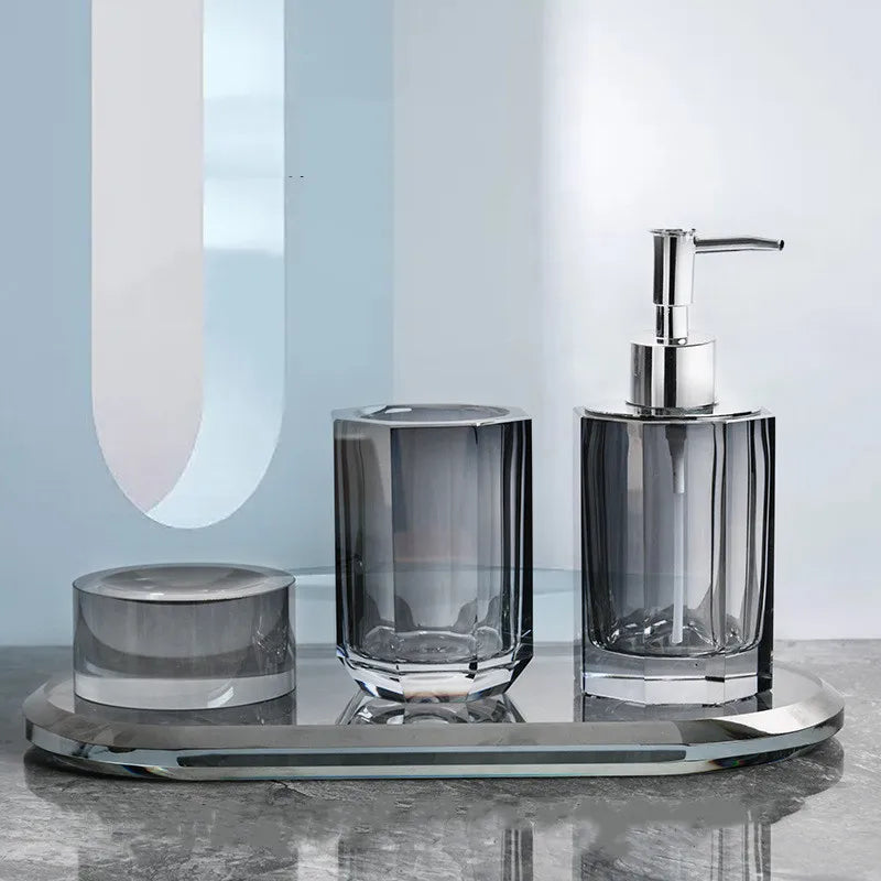Axya Crystal Bathroom Kit: Soap Bottle, Pump Dispenser, Soap Dish, Toilet Storage Bin
