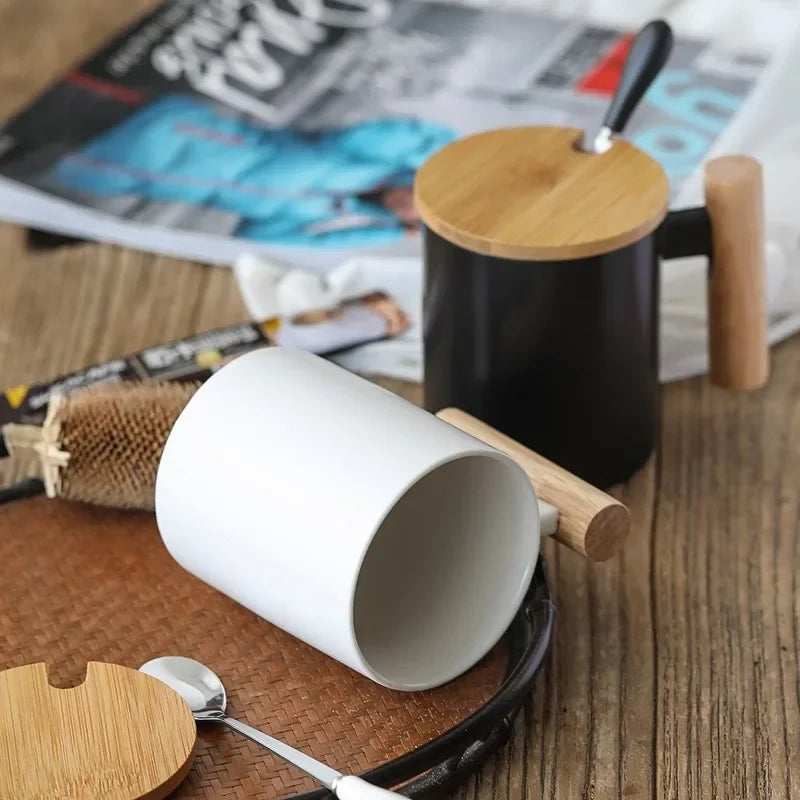 Axyaa Ceramic Wooden Handle Coffee Cup Set with Lid, Spoon - 310ml