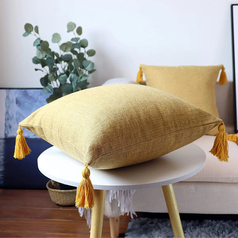 45x45cm Yellow Linen Cushion Cover Boho Chic Decorative Throw Pillow Cover for Sofa - Axyaa