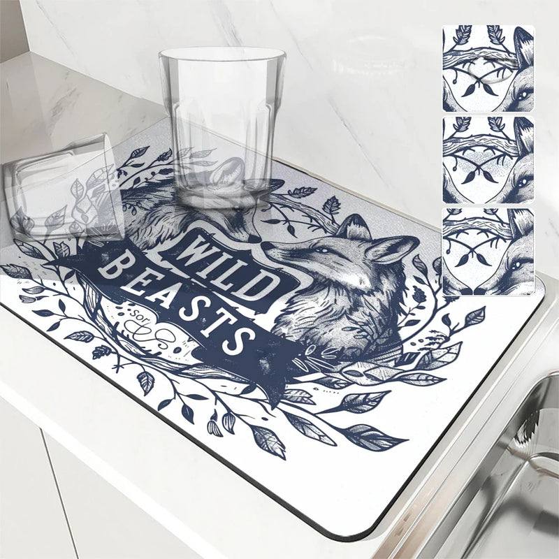 Axyaa Plant Leaves Kitchen Mat - Absorbent, Antiskid, Quick Dry Dish Drying Pad