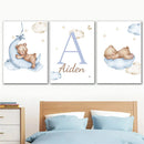 Axyaa Bear Blue Moon Nursery Custom Name Canvas Wall Art - Kids Room Decor
