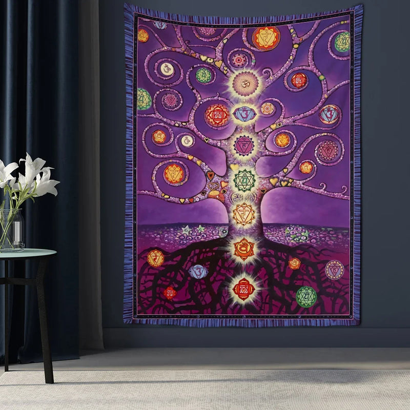 Axyaa Chakras Tree of Life Tapestry: Boho Wealth Totem Wall Hanging Home Decor