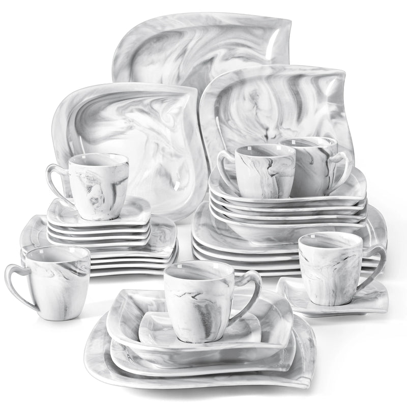 Axya™ 30-Piece Marble Porcelain Dinnerware Set: Dinner, Dessert, Soup Plates, Cup & Saucer