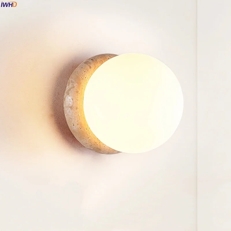 Axyaa Nordic LED Wall Sconce White Glass Yellow Travertine Decor - Bedroom Bathroom Stair Lights