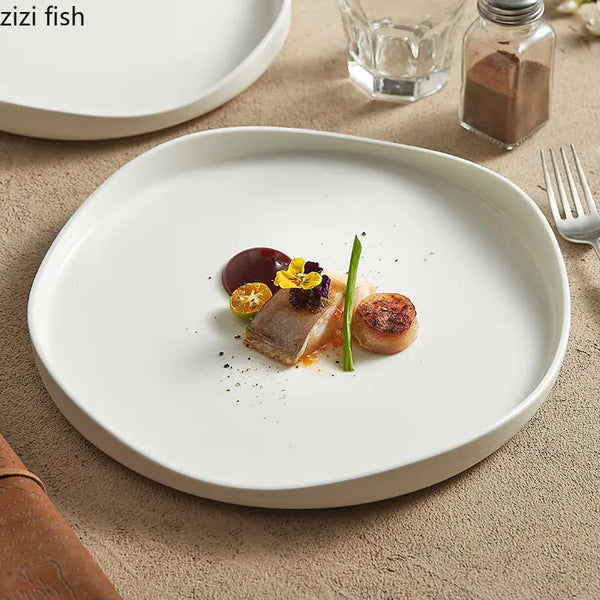 Axya Irregular Ceramic Dinner Plate Set - Solid Color Shallow Steak & Dessert Plates
