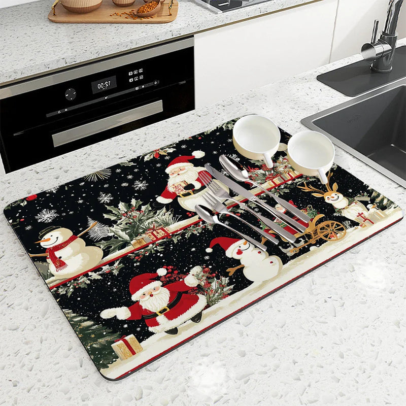 Christmas Santa Tree Non-Slip Drying Mat for Kitchen - Axyaa Tableware Absorbent Placemat