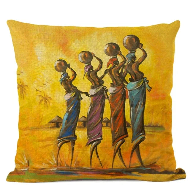 African Tribal Life Oil Painting Decorative Cushion Cover for Axyaa Branded Linen Pillowcase
