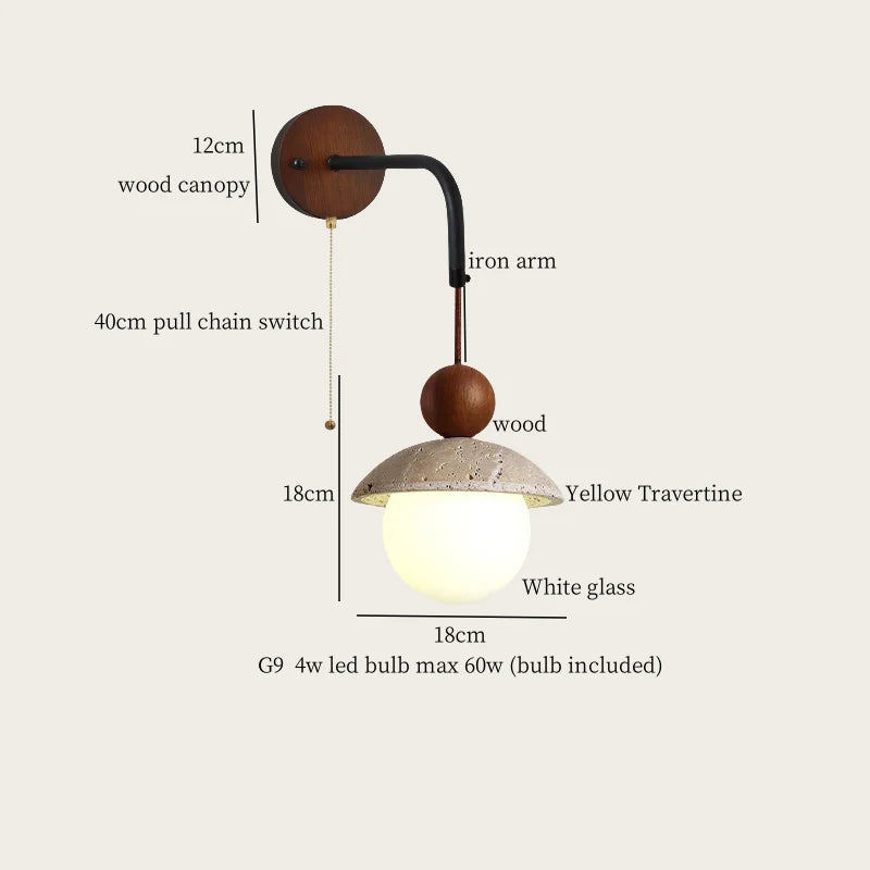 Axyaa Stone Glass LED Wall Light 70CM Adjustable Yellow Travertine Wabi Sabi Bedroom Lamp