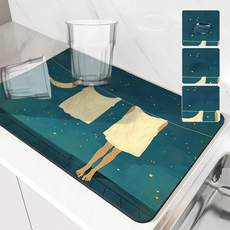 Axyaa Clothesline Art Drying Mat: Non-Slip Absorbent Tableware Mat for Kitchen Counter