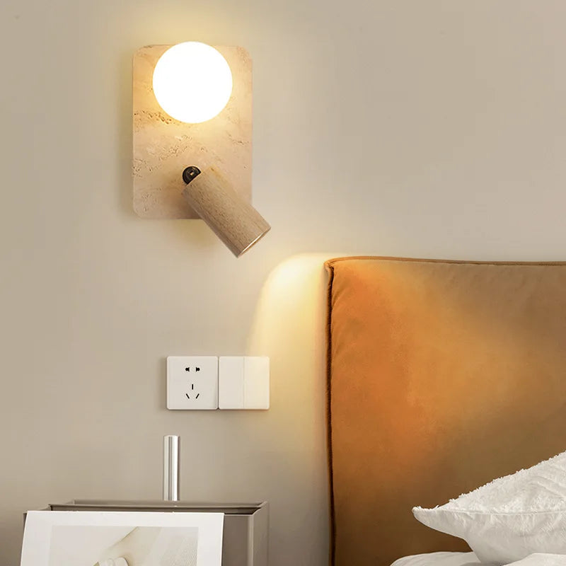 Axyaa Mid Century LED Wall Lamp Yellow Travertine Wood Light for Living Room