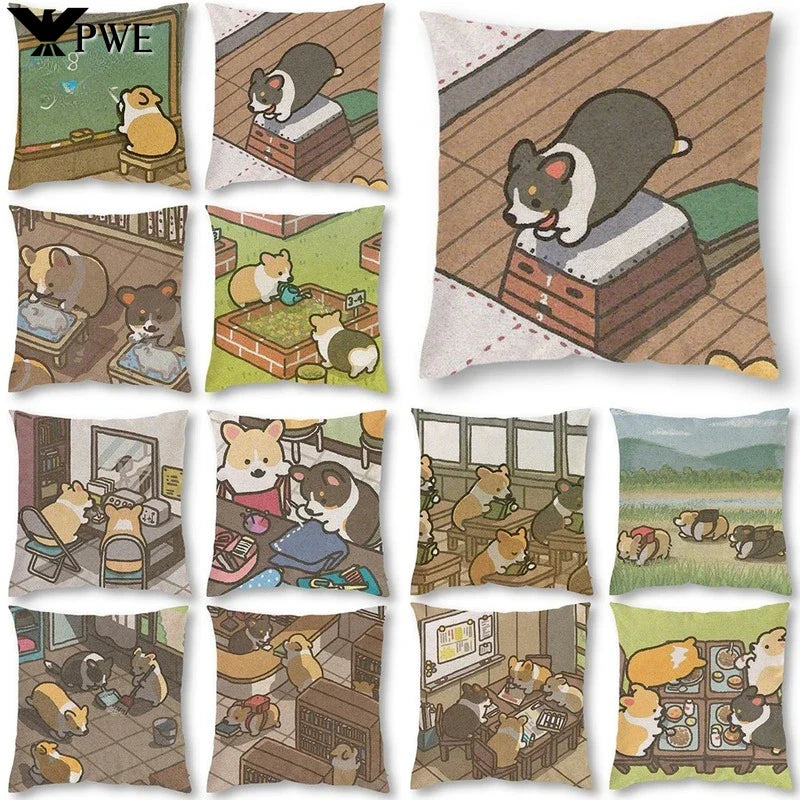 Axyaa Corgi Daily Life Linen Pillow Cover 45*45cm