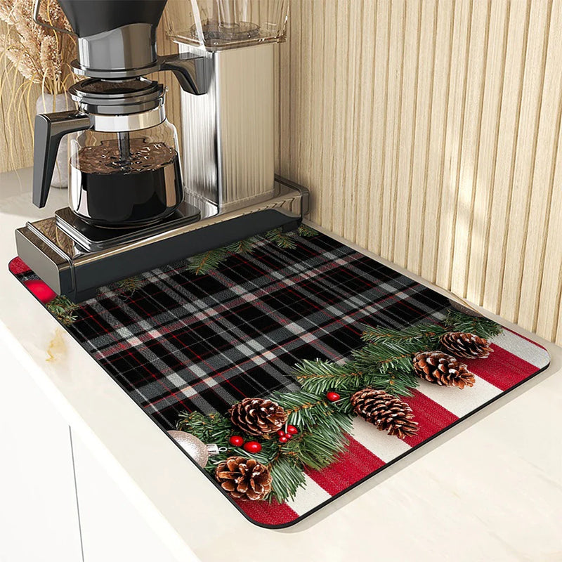 Axyaa Christmas Fir Desk Drain Pad: Non-slip Kitchen Counter Mat for Drying Dishware