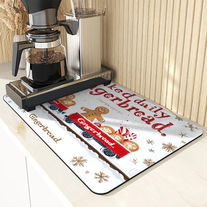 Christmas Gingerbread Snowflake Drying Mat by Axyaa: Non-Slip Absorbent Kitchen Placemat