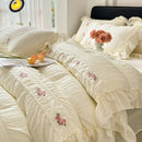 Axyaa Korean Princess Lace Ruffles Wedding Bedding Set with Washed Cotton Soft Duvet Cover