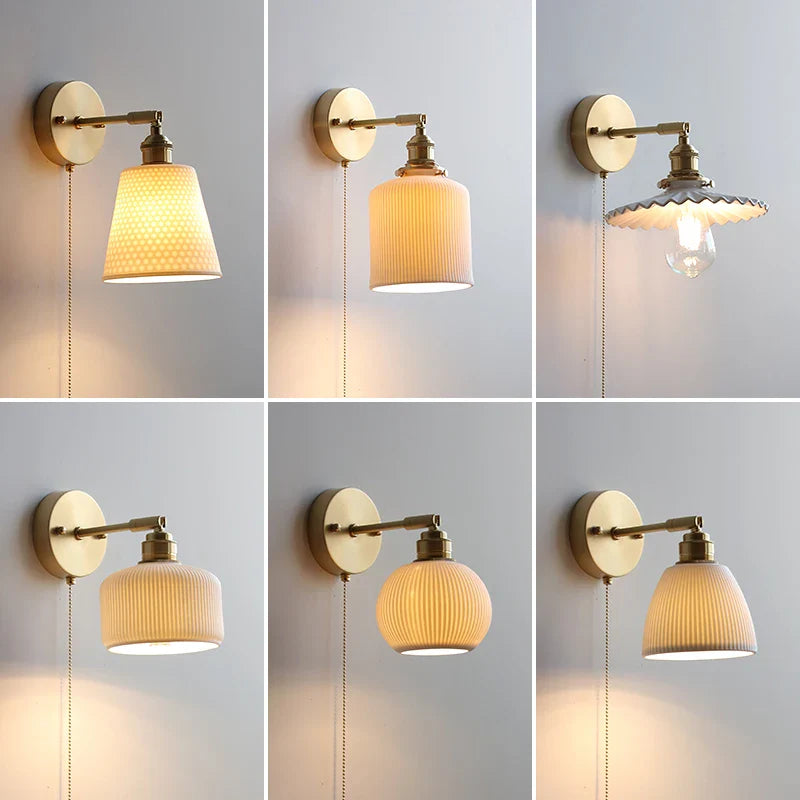 Axyaa Ceramic LED Wall Lamp: Japan Style Gold Brass Arm, Up Down Rotate