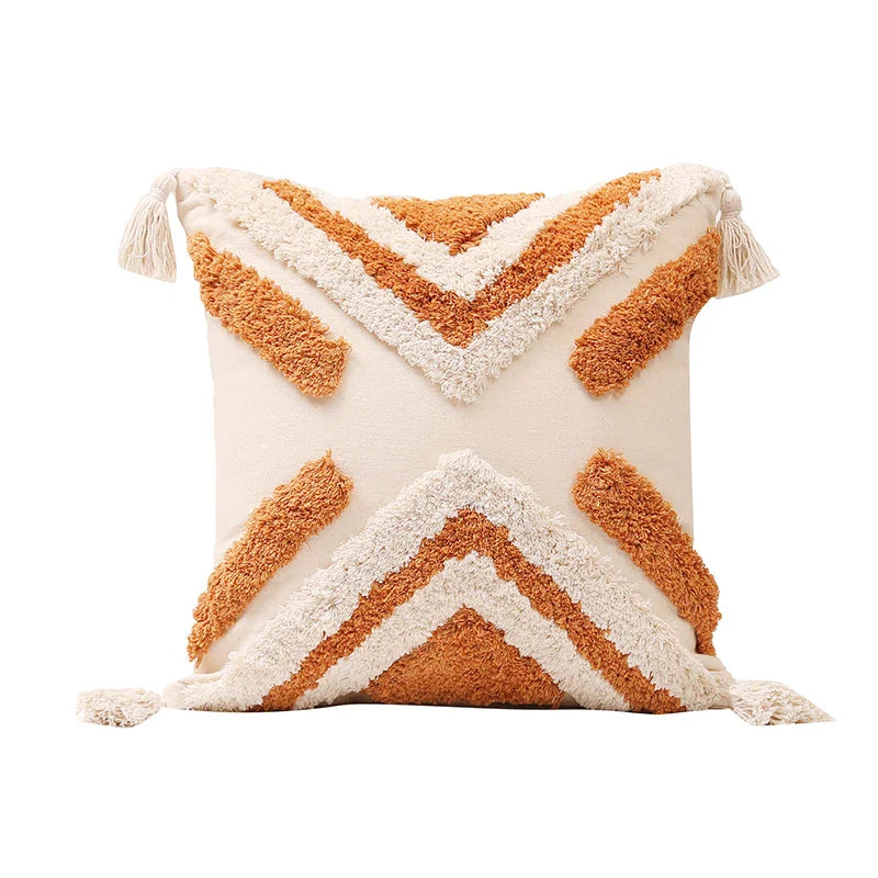 Axyaa Tufted Tassel Boho Cushion Cover in Warm Colors