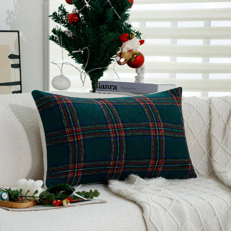 Axyaa Retro Green Plaid Cushion Cover - 45x45cm Christmas Theme