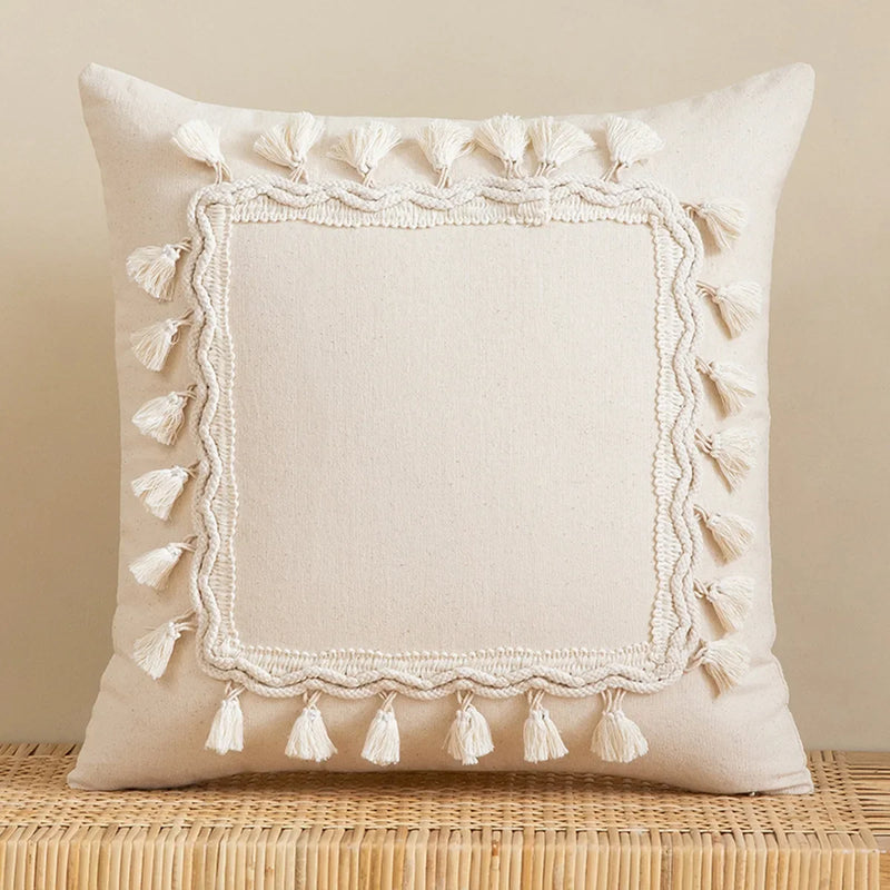 Axyaa Beige Cotton Weave Fringed Cushion Cover for Home Decor