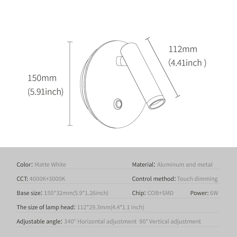 Axyaa Dimmable LED Wall Lamp with Touch Switch, 340° Rotatable Backlight for Bedside and Study