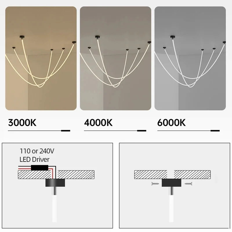 Axyaa Nordic LED Long Line Chandelier Pendant Light for Dining Room and Cafe