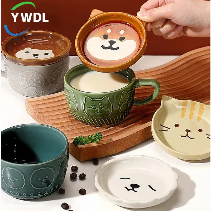 Axya 300/450ml Ceramic Animal Mug Set with Lid, Saucer, and Spoon