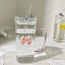 Axyaa 350ML Square Mug with Lids, Straws, Bow Handle - Pink Female Milk Coffee Cup