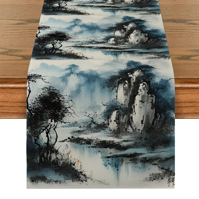 Axyaa Abstract Ink Painting Table Runner for Farmhouse Dining Decor